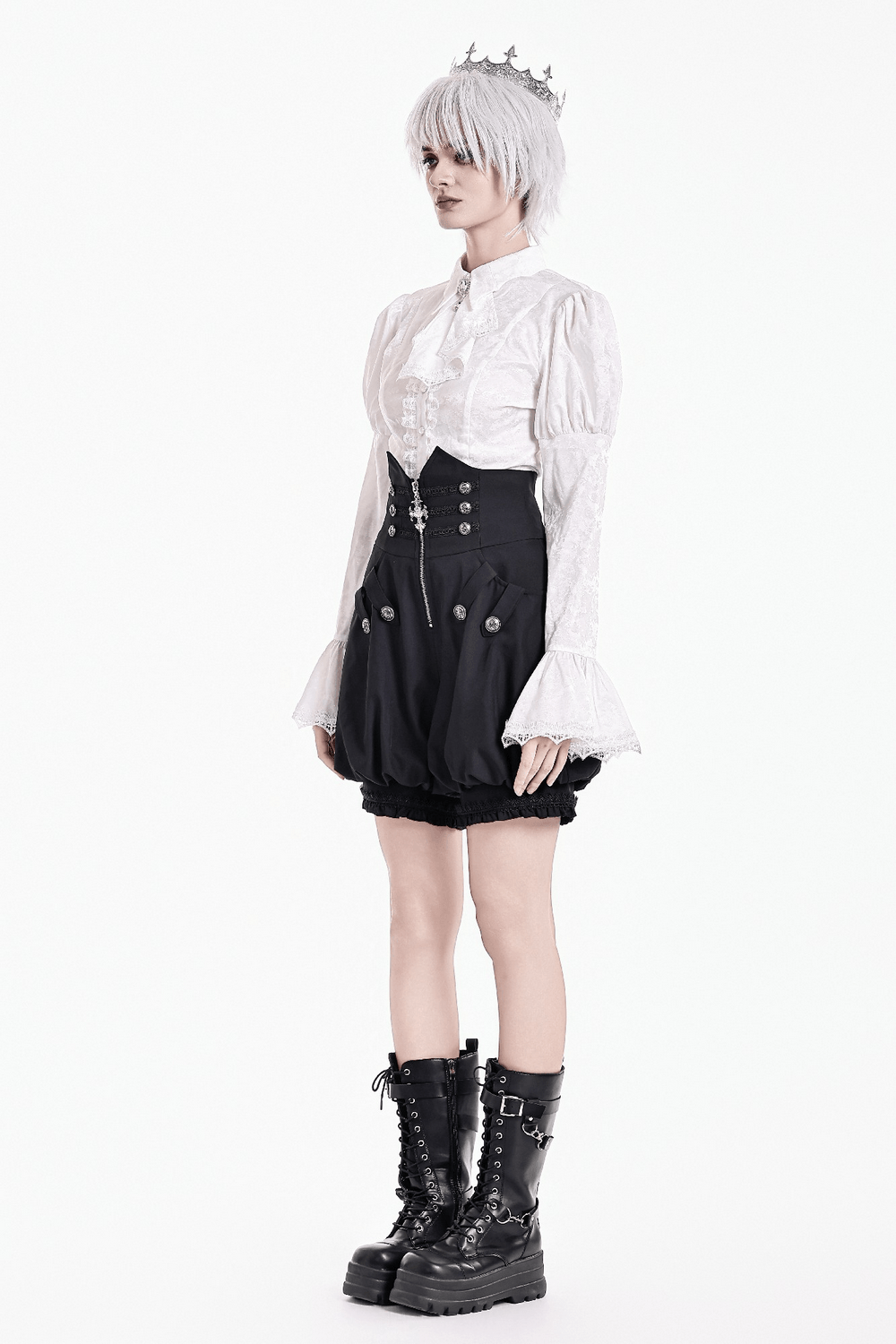 High Waist Bubble Bloomer Shorts with Decorative Buttons, black puff-leg shorts with lace trim and front zipper.