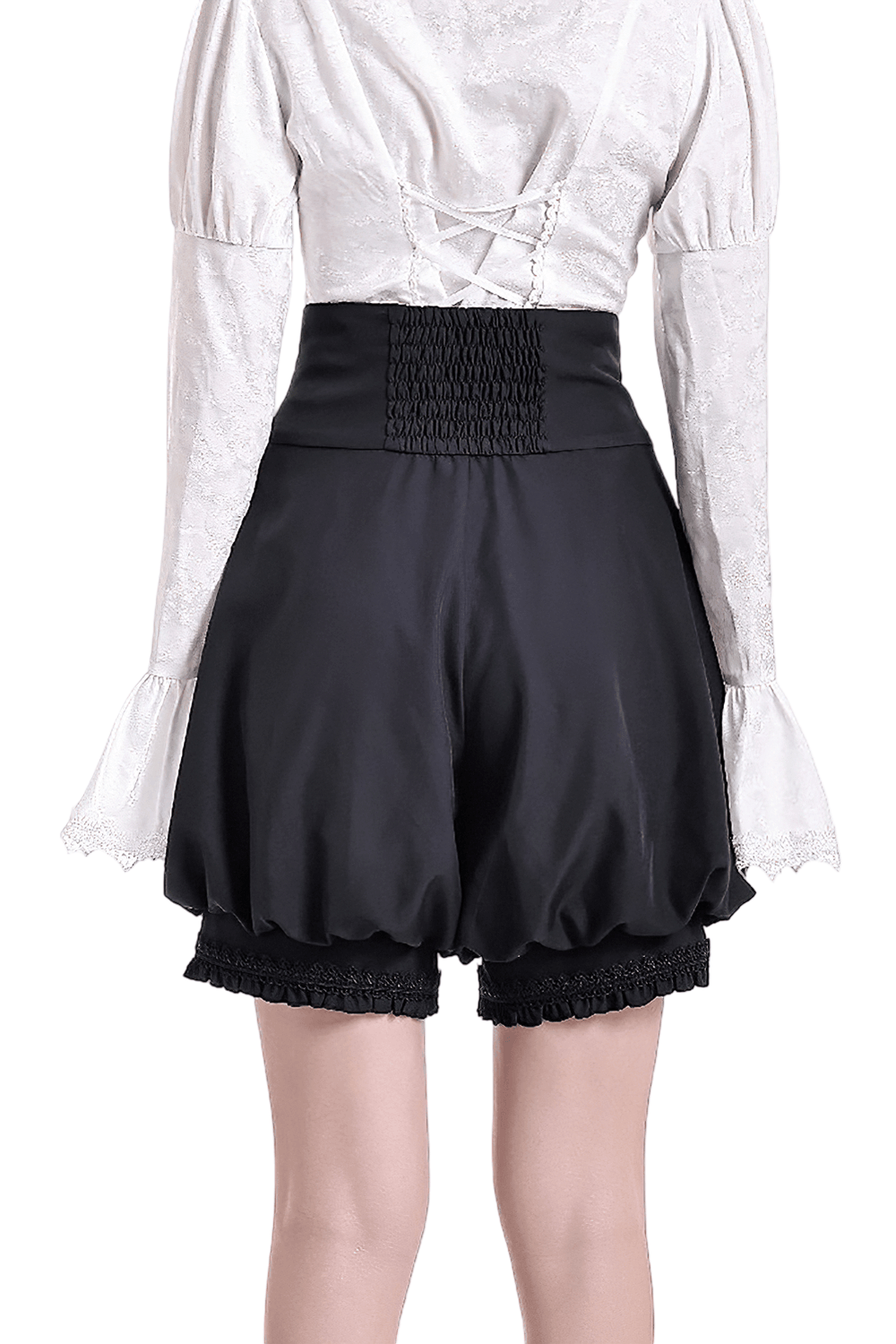 High Waist Bubble Bloomer Shorts with Decorative Buttons, puff-leg black shorts with lace trim and smocked waist