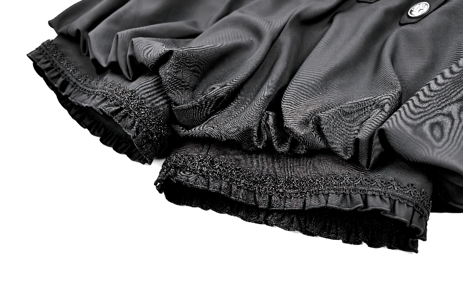 High Waist Bubble Bloomer Shorts with Decorative Buttons, black puff-leg shorts with lace trim and ruffled hems
