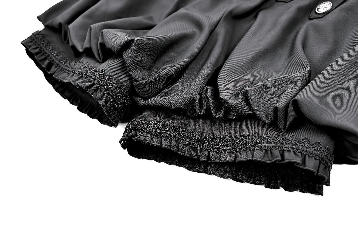 High Waist Bubble Bloomer Shorts with Decorative Buttons, black puff-leg shorts with lace trim and ruffled hems