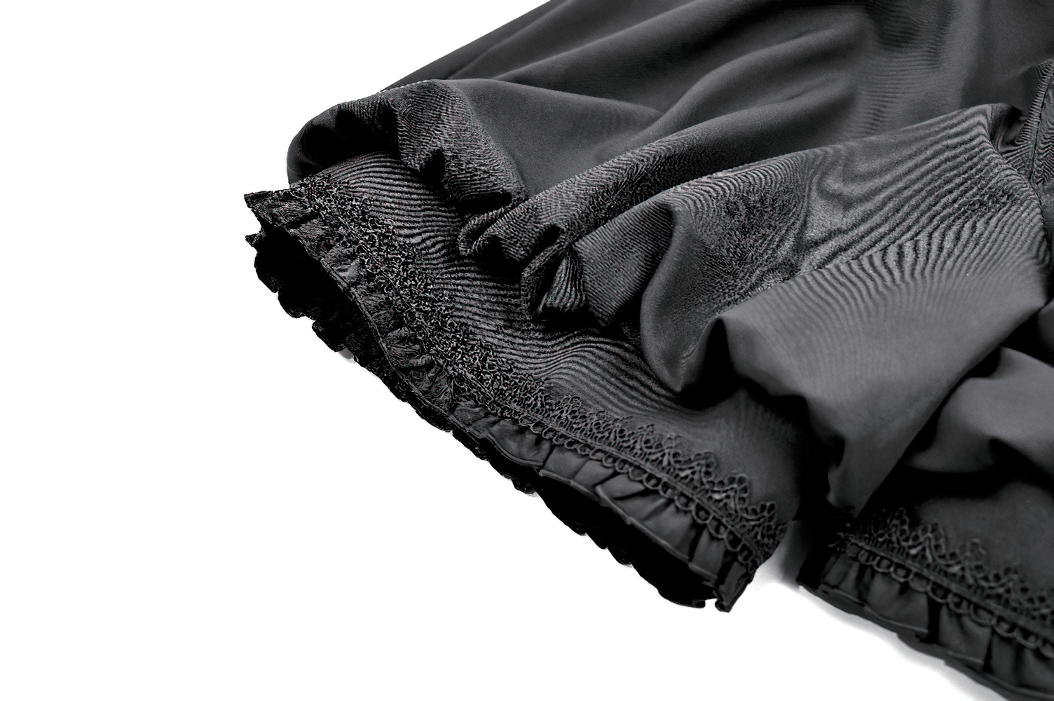 High Waist Bubble Bloomer Shorts with Decorative Buttons, black puff-leg shorts with lace trim and gathered hems