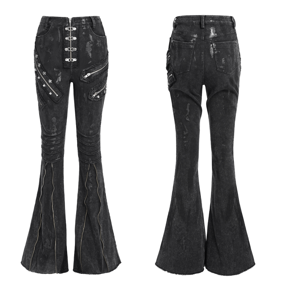 High waist flared jeans with buckles, zippers, and chains for a punk-inspired streetwear look.