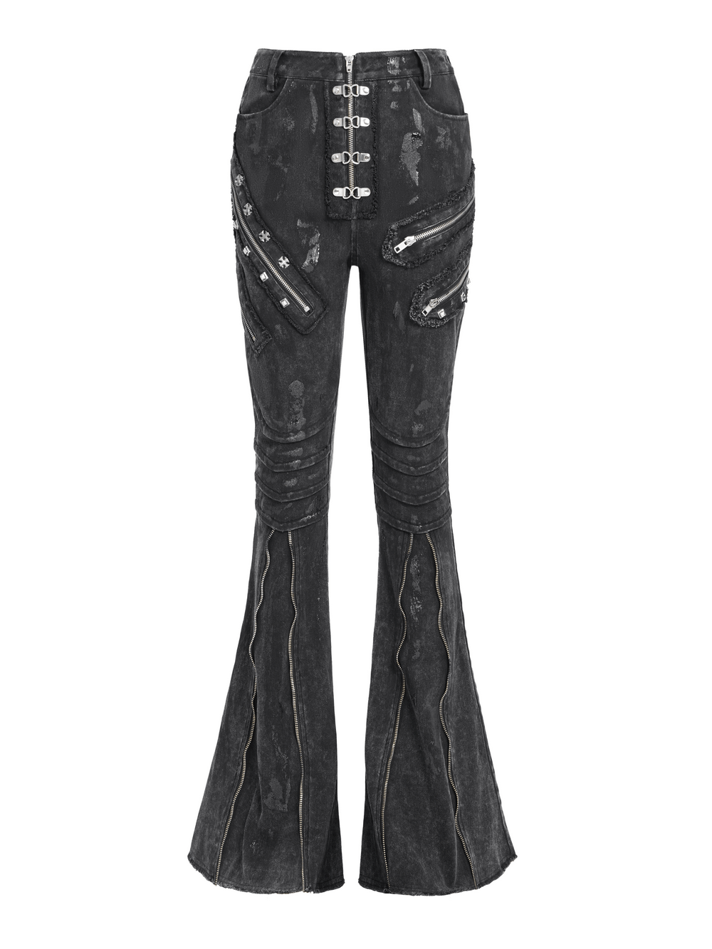 High waist flared jeans with buckles, zipper details, and punk-inspired metal decor, perfect for rebellious streetwear.