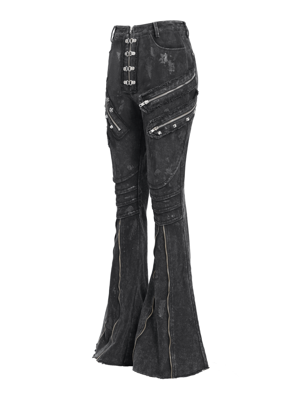 High waist flared jeans with buckles, zippers, and chains for a punk streetwear look.