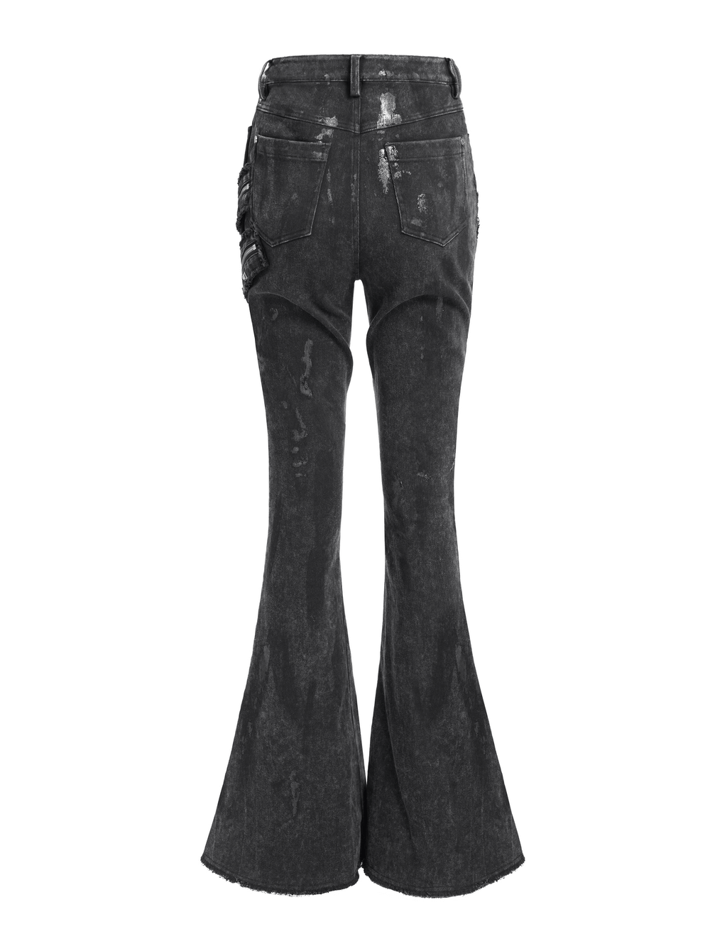 Back view of high waist flared jeans with buckles, zipper detail, and punk-inspired metal decor.
