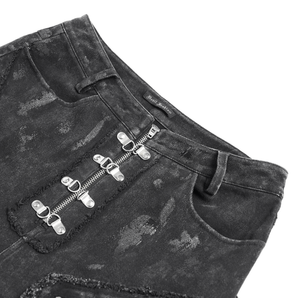 High waist flared jeans with metal zipper and buckle details, perfect for punk streetwear style.