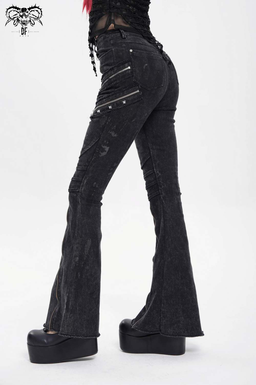High waist flared jeans with buckles and zipper detail, featuring punk chains and a slim fit, perfect for edgy outfits.