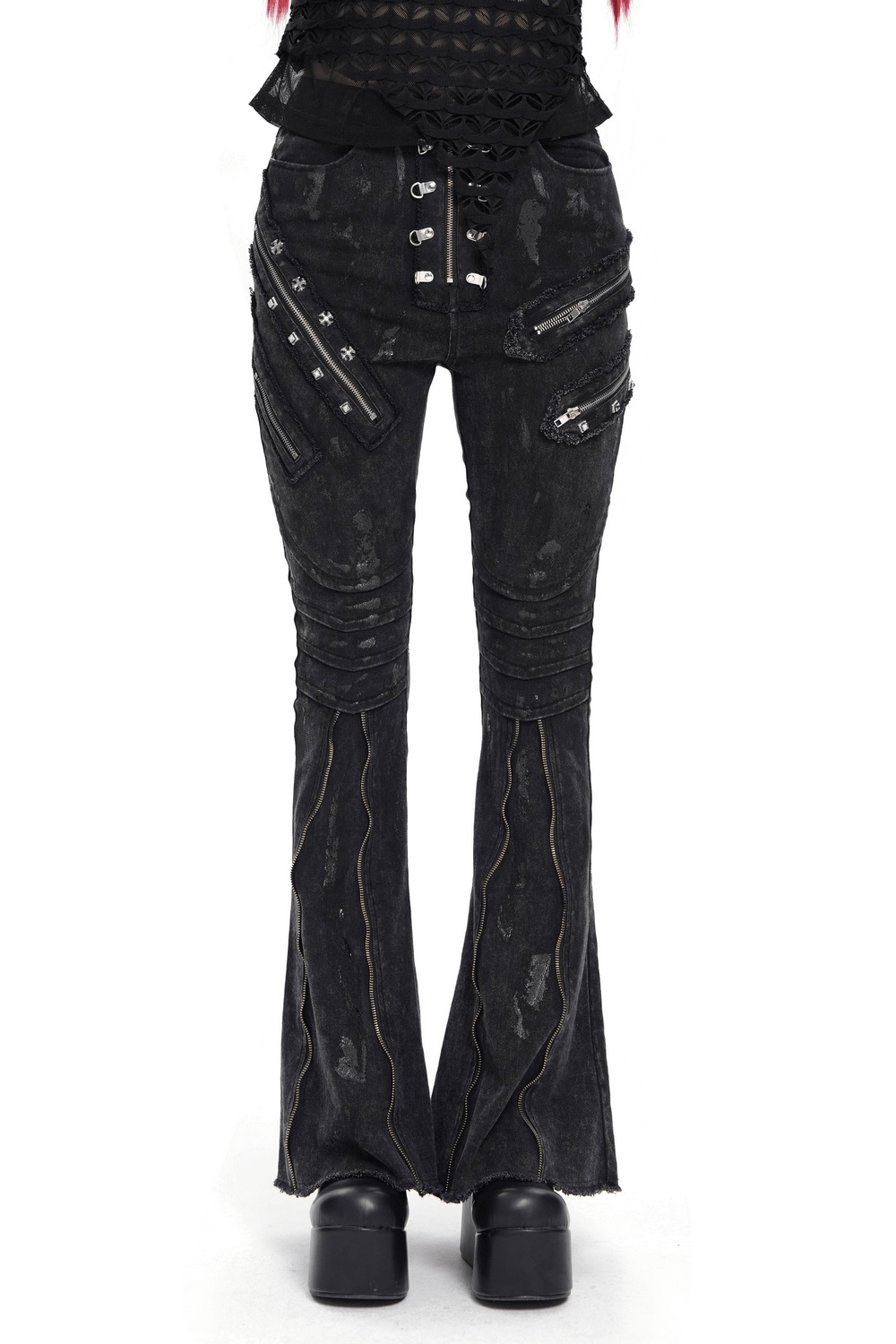 High waist flared jeans with buckles and zippers, featuring punk chains and a dramatic bell-bottom design.