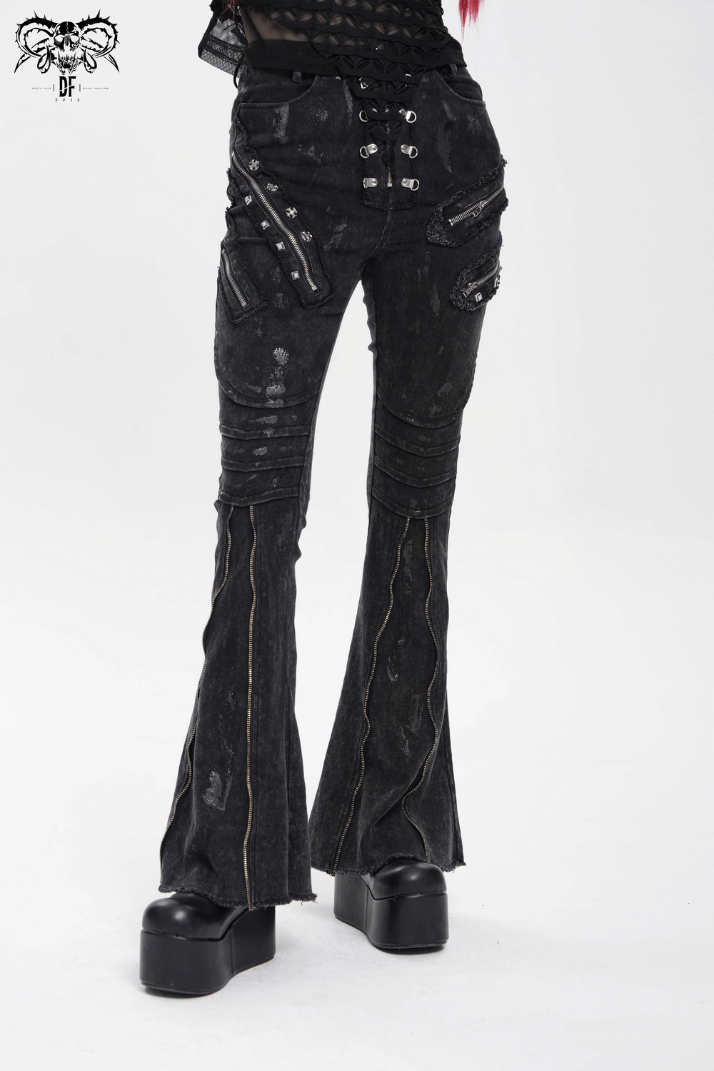 Edgy high waist flared jeans with buckles and zipper details, featuring chains and a punk vibe for streetwear.