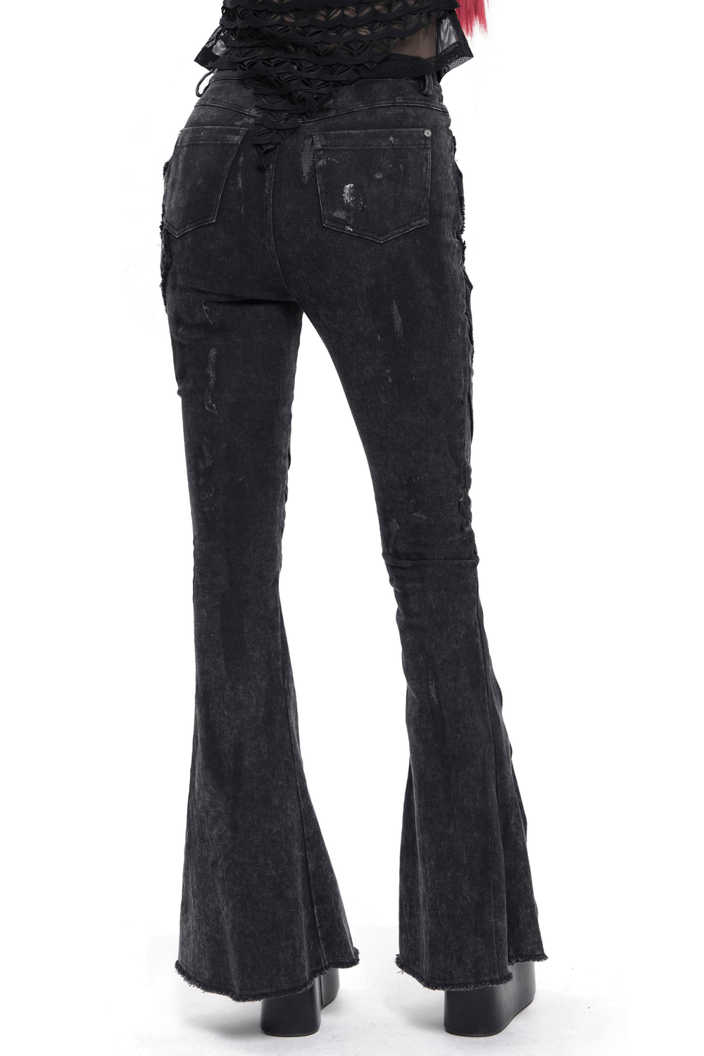 Back view of high waist flared jeans with buckle and zipper details, perfect for punk streetwear style.