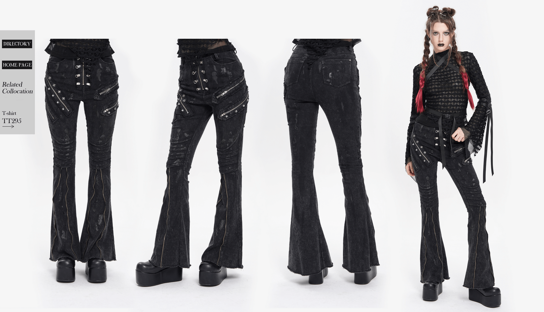 Punk high waist flared jeans with buckles, zippers, and chains for a bold streetwear style.
