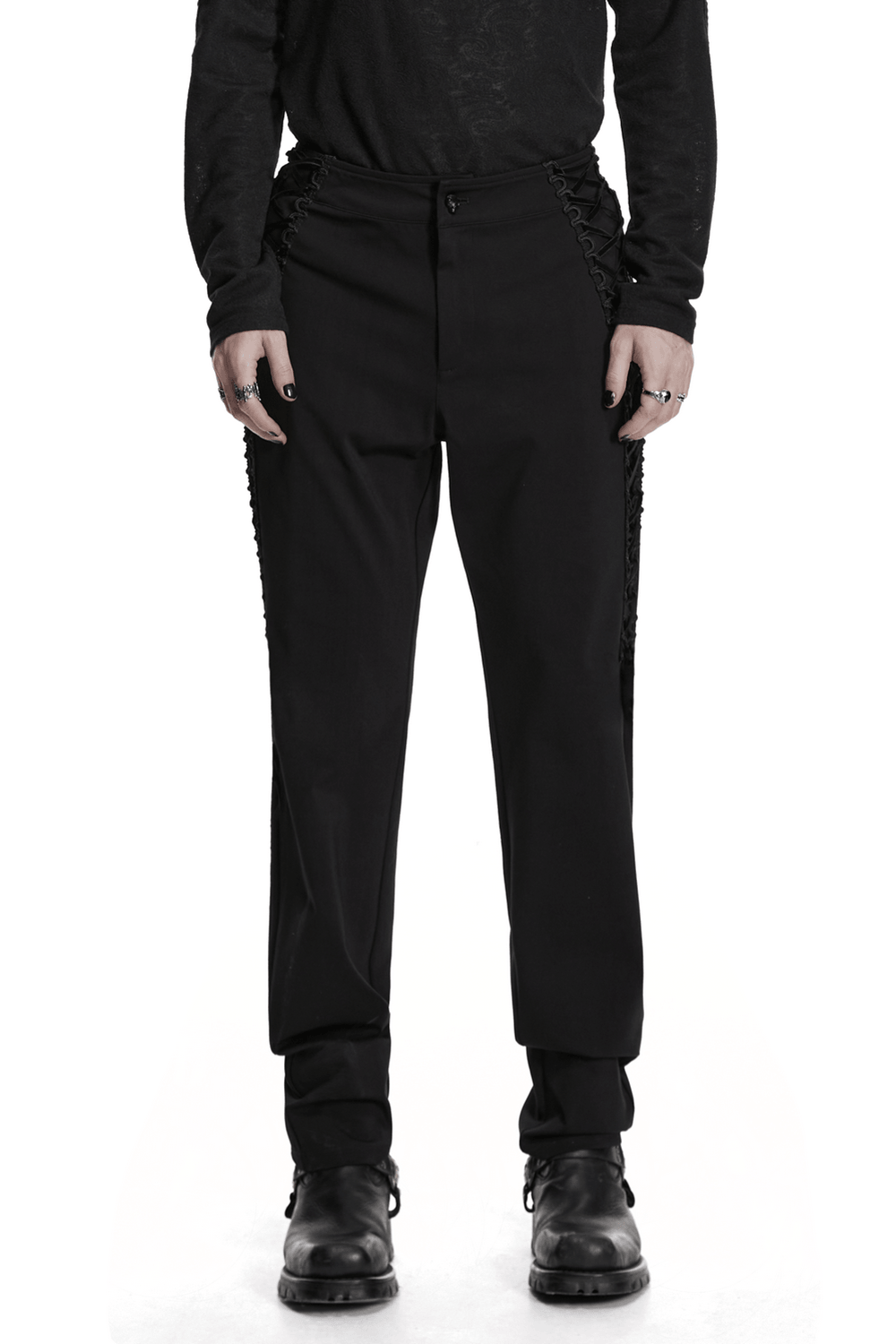 High Waist Gothic Slim Black Pants with Side Lace Up