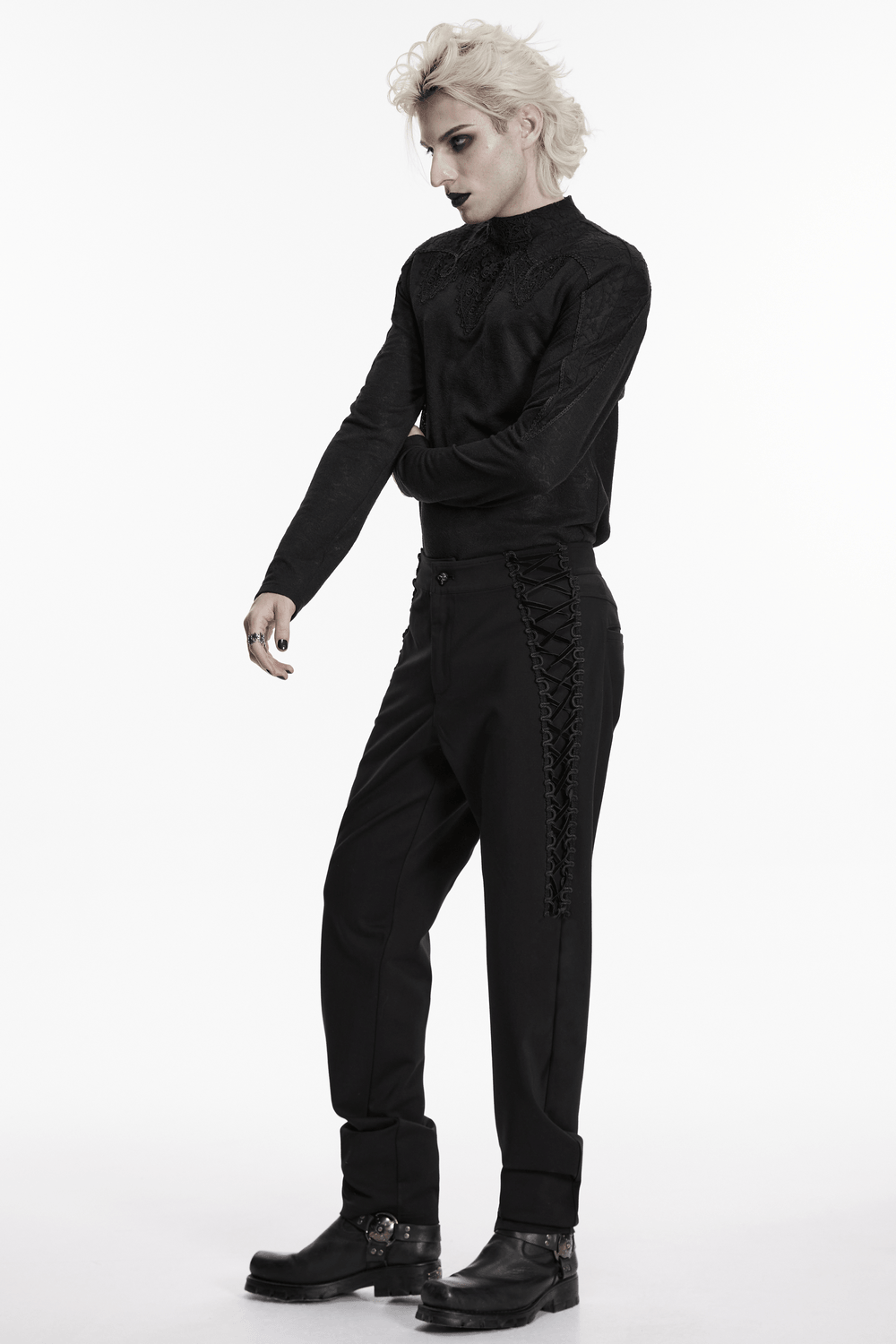 High Waist Gothic Slim Black Pants with Side Lace Up