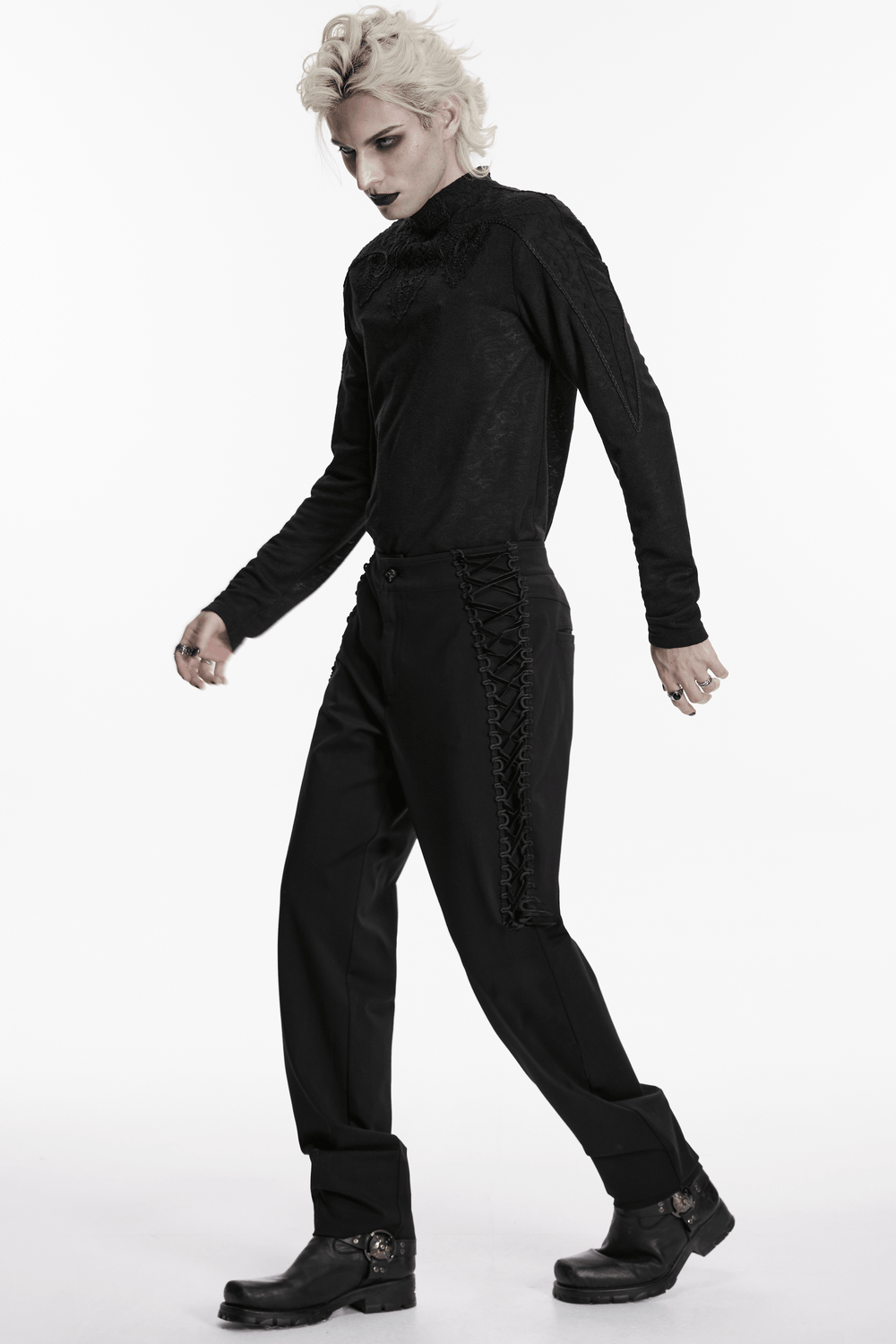 High Waist Gothic Slim Black Pants with Side Lace Up
