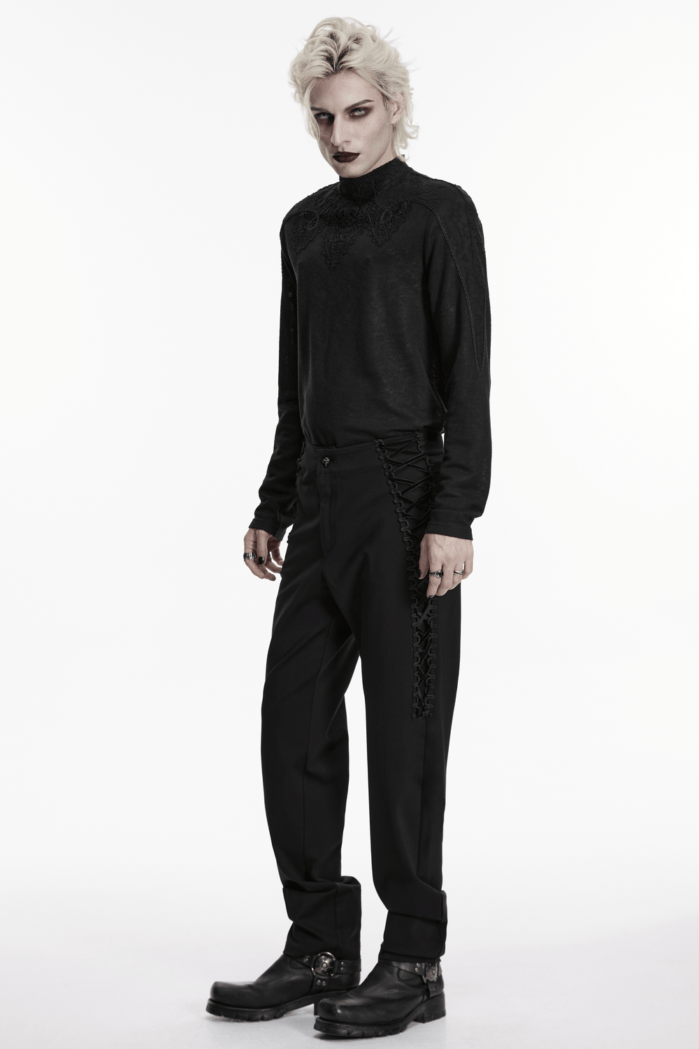 High Waist Gothic Slim Black Pants with Side Lace Up