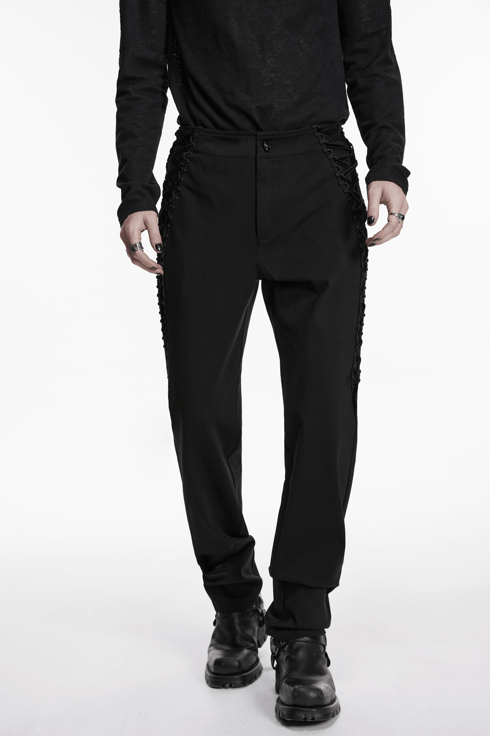 High Waist Gothic Slim Black Pants with Side Lace Up
