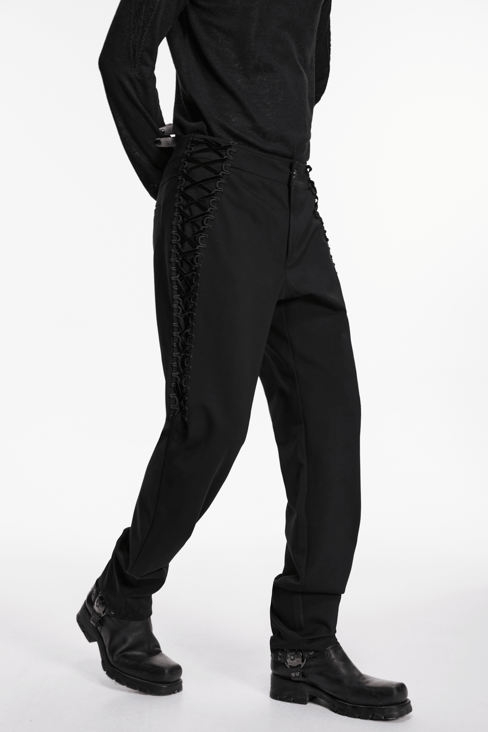 High Waist Gothic Slim Black Pants with Side Lace Up