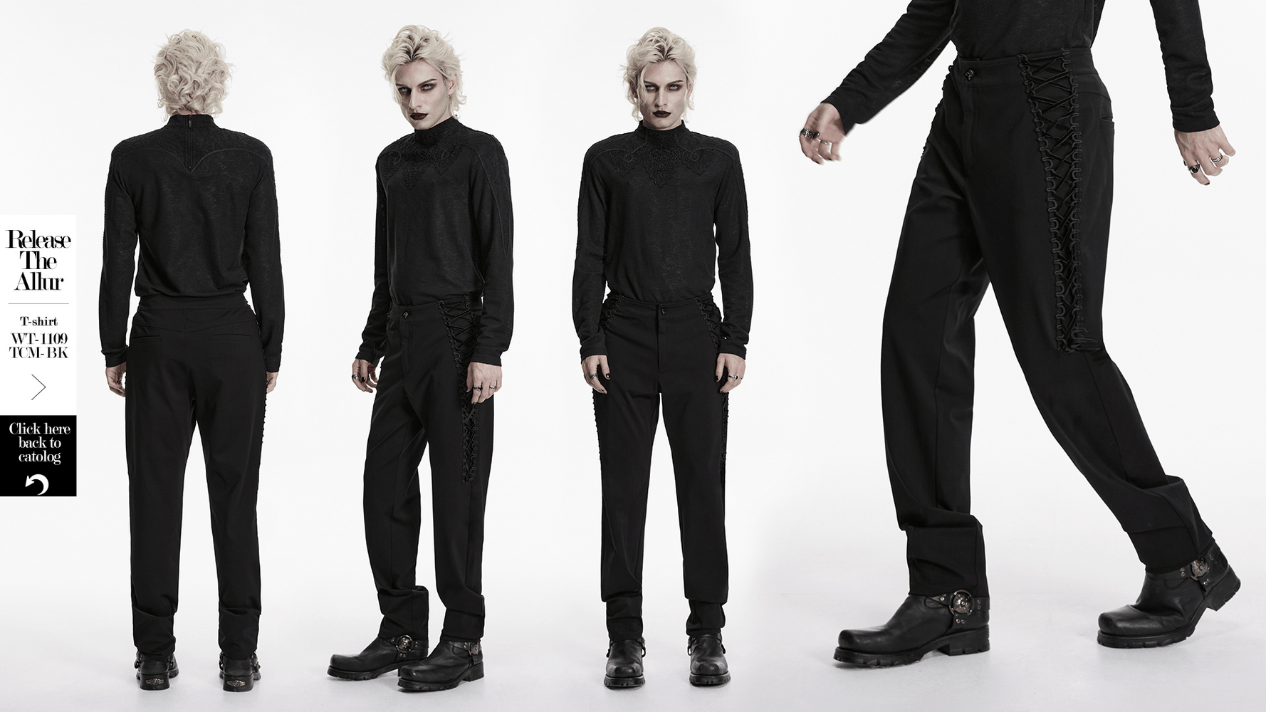 High Waist Gothic Slim Black Pants with Side Lace Up