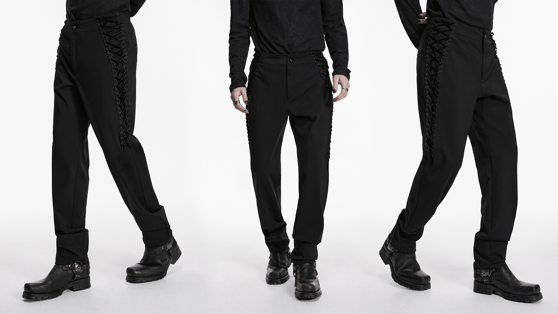 High Waist Gothic Slim Black Pants with Side Lace Up