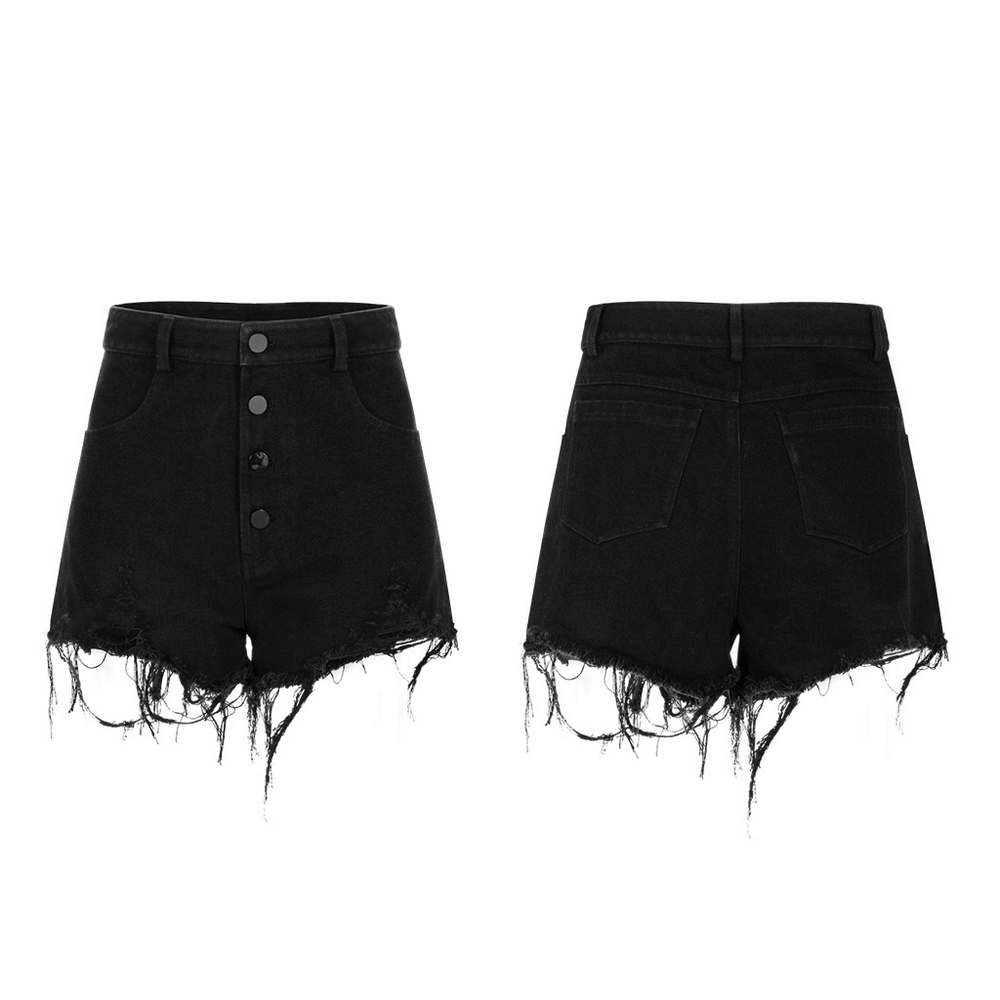 High-Waisted Black Denim Shorts with Frayed Hem