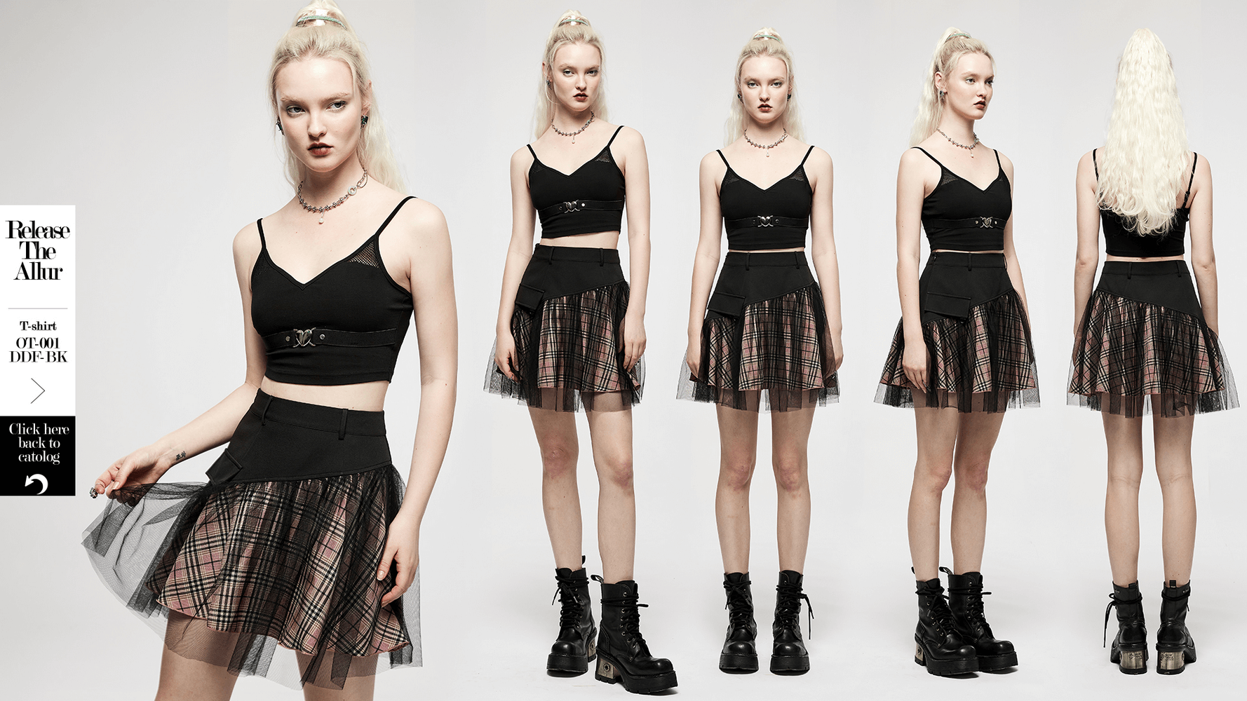 High-waisted gothic short skirt with pink plaid and mesh panels, styled with a black crop top and chunky boots.