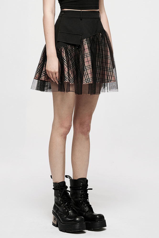 High-waisted gothic short skirt with pink plaid and mesh accents, perfect for edgy punk vibes.