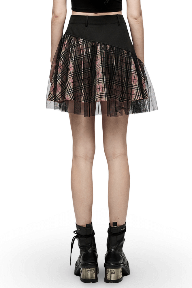 High-waisted goth mini skirt with pink plaid and mesh details, showcasing a stylish back view.
