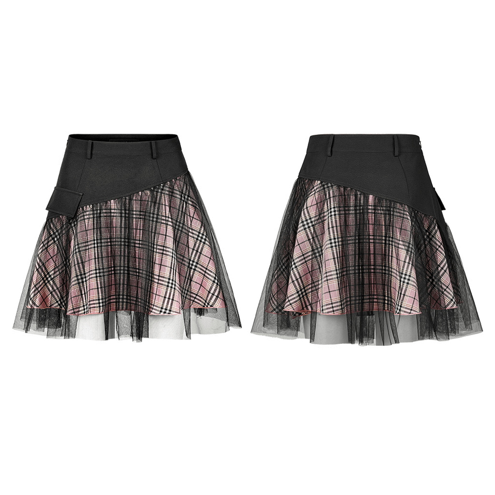 High-waisted gothic mini skirt with pink plaid and edgy mesh accents, perfect for a punk princess look.