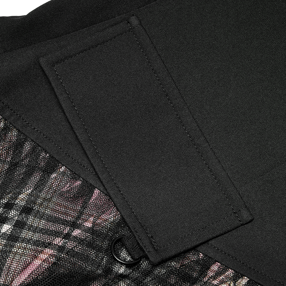 Close-up of the high-waisted gothic skirt showcasing the unique plaid and mesh accents with functional pocket.