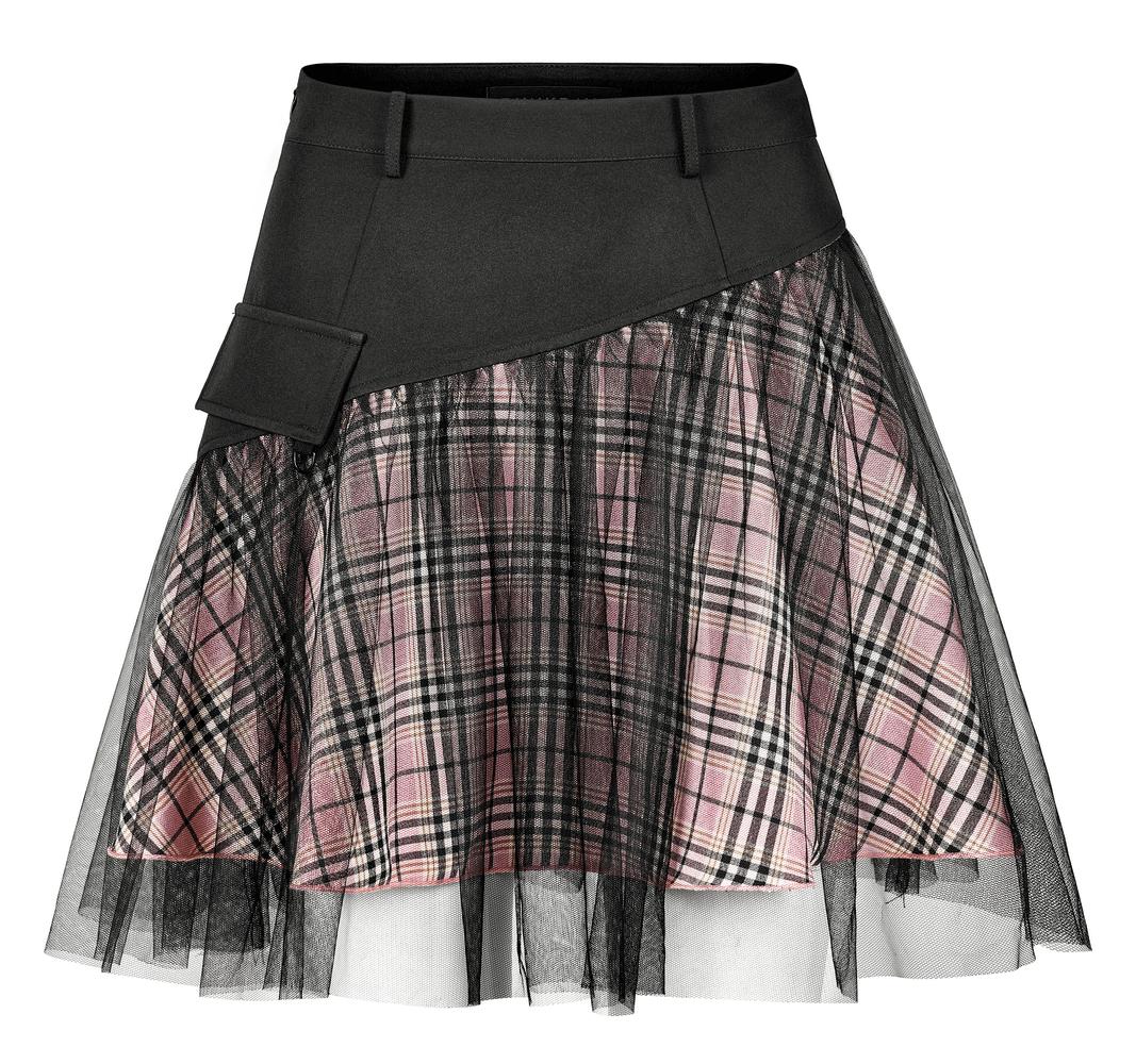 High-waisted gothic short skirt with pink plaid and mesh accents, perfect for a punk princess style.