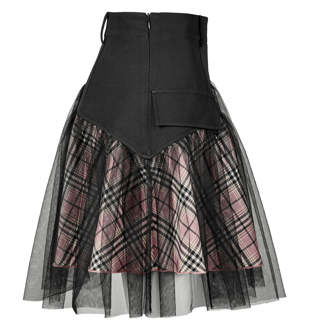 High-waisted gothic mini skirt in black and pink plaid with mesh accents and pockets, perfect for an edgy punk look.