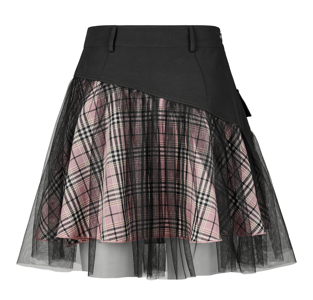 High-waisted gothic mini skirt with pink plaid and black mesh accents, perfect for a punk rock look.