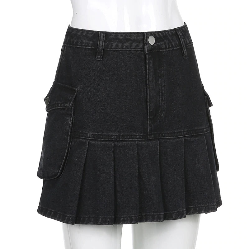 High Waisted Pleated Gothic Denim Skirts / Sexy Women's A-Line Black Mini Skirt - HARD'N'HEAVY