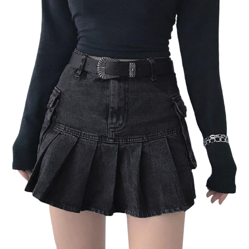 High Waisted Pleated Gothic Denim Skirts / Sexy Women's A-Line Black Mini Skirt - HARD'N'HEAVY