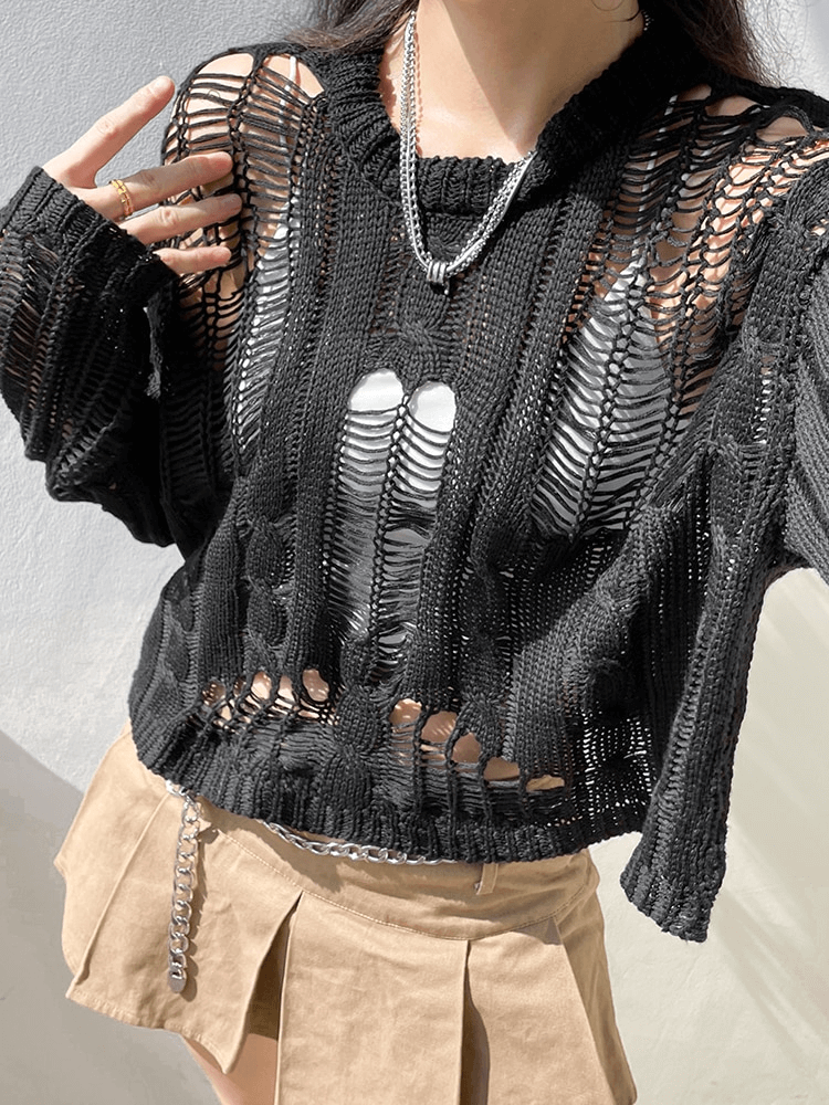 Hole Black Knitted Grunge Sweater for Women / Punk O-Neck Ripped Pullover - HARD'N'HEAVY