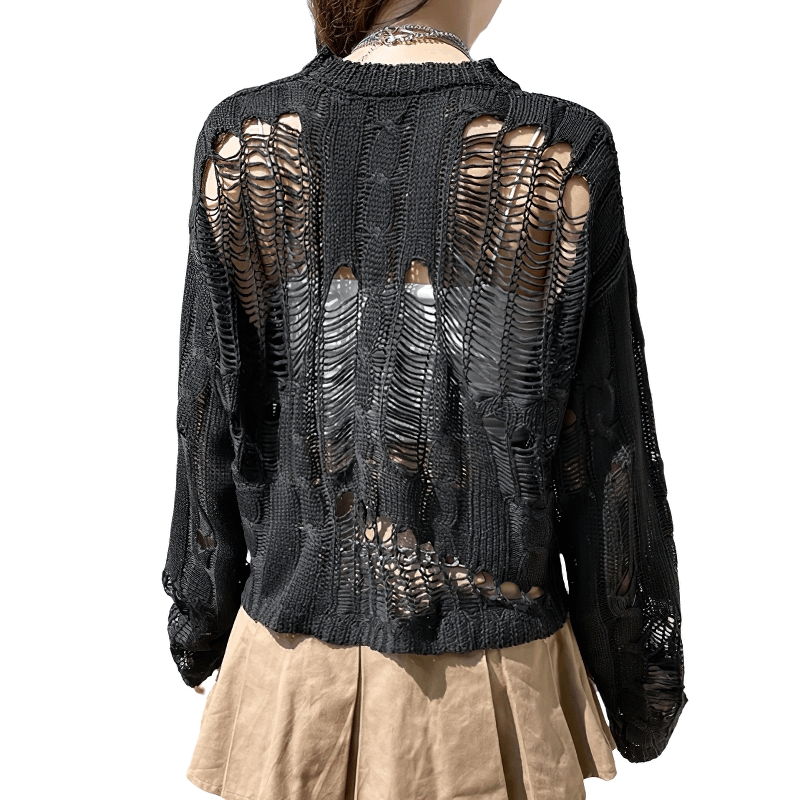 Hole Black Knitted Grunge Sweater for Women / Punk O-Neck Ripped Pullover - HARD'N'HEAVY