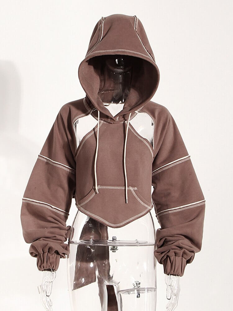 Trendy brown hollow out long sleeves hooded sweatshirt for women, casual chic backless crop hoodie.