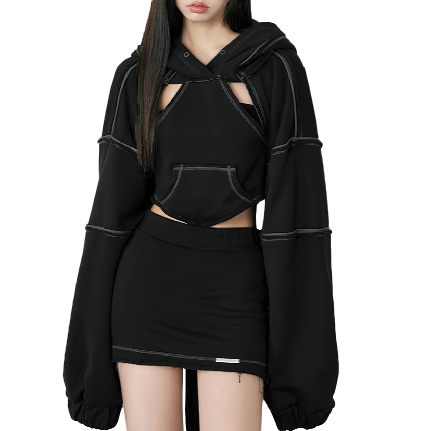 Trendy women's hollow-out black crop hoodie with long sleeves and backless design, perfect for casual-chic outfits.