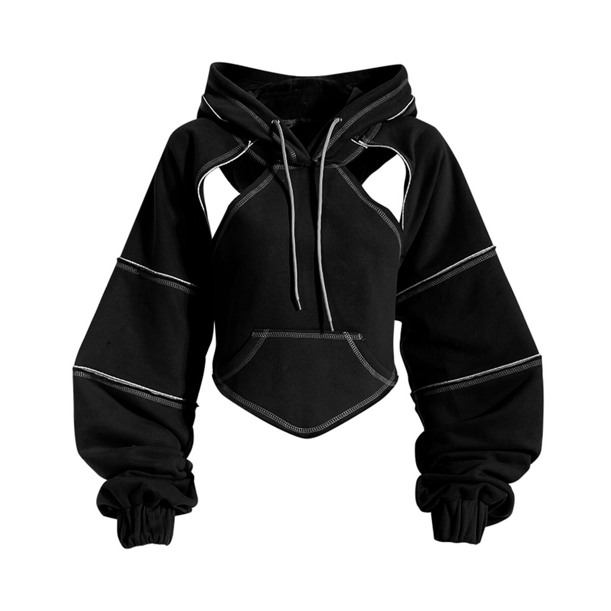 Trendy black crop hoodie with hollow-out long sleeves and a unique backless design for women's casual fashion.