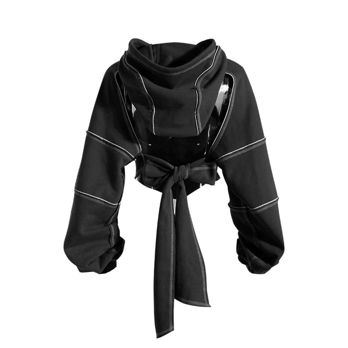 Hollow out long sleeves hooded sweatshirt for women with stylish backless design and chic tie detail.