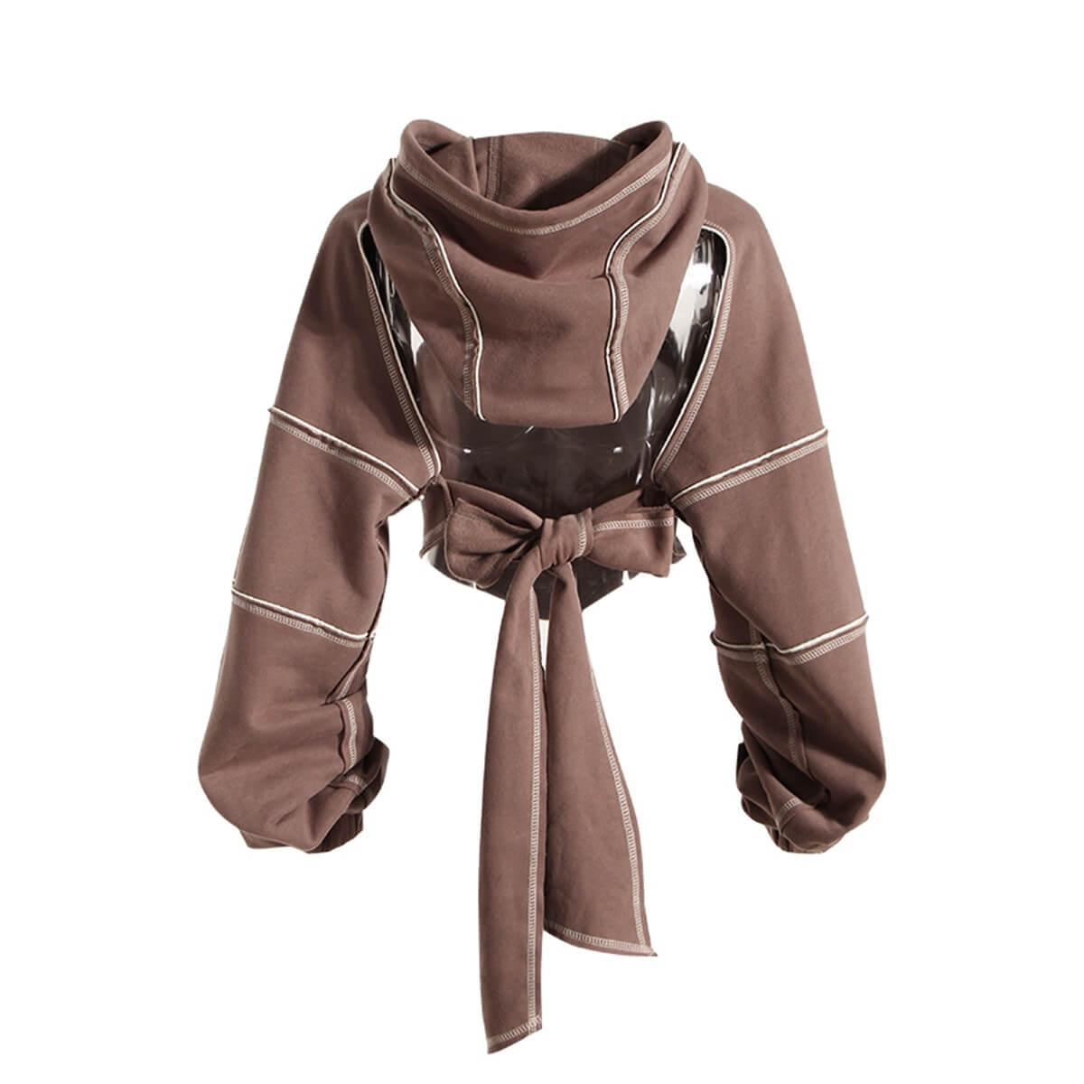 Stylish backless crop hoodie with hollow-out long sleeves and bow detail for trendy women.