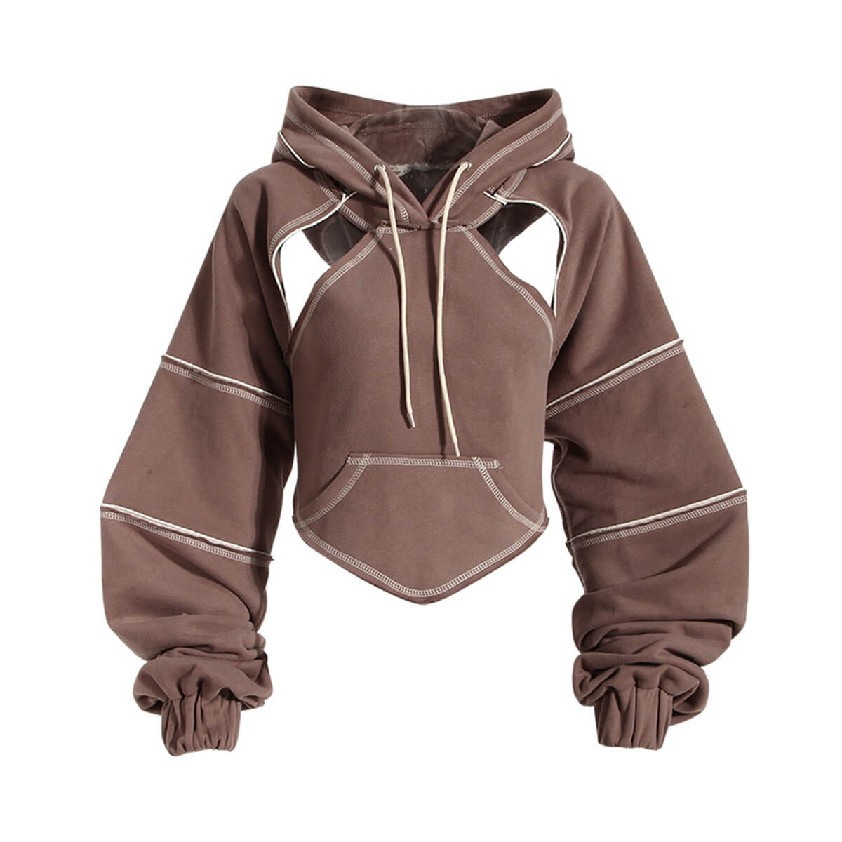Hollow out long sleeve hooded sweatshirt for women, trendy backless crop hoodie in stylish brown.