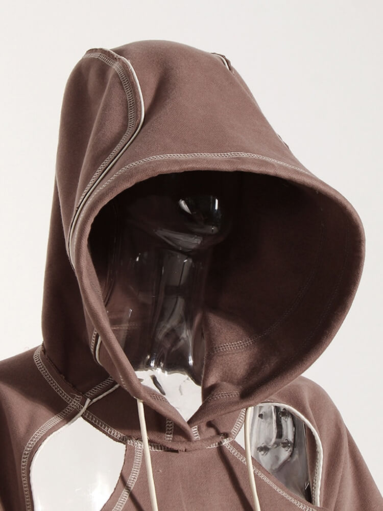 Back view of a women's hollow-out hooded sweatshirt showcasing the stylish hood and trendy design.