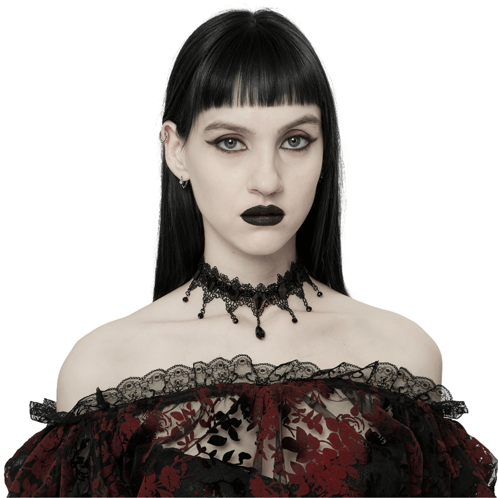 Stunning model wearing Hollowed Lace and Beads Choker, showcasing Victorian goth elegance with black lace and chains.