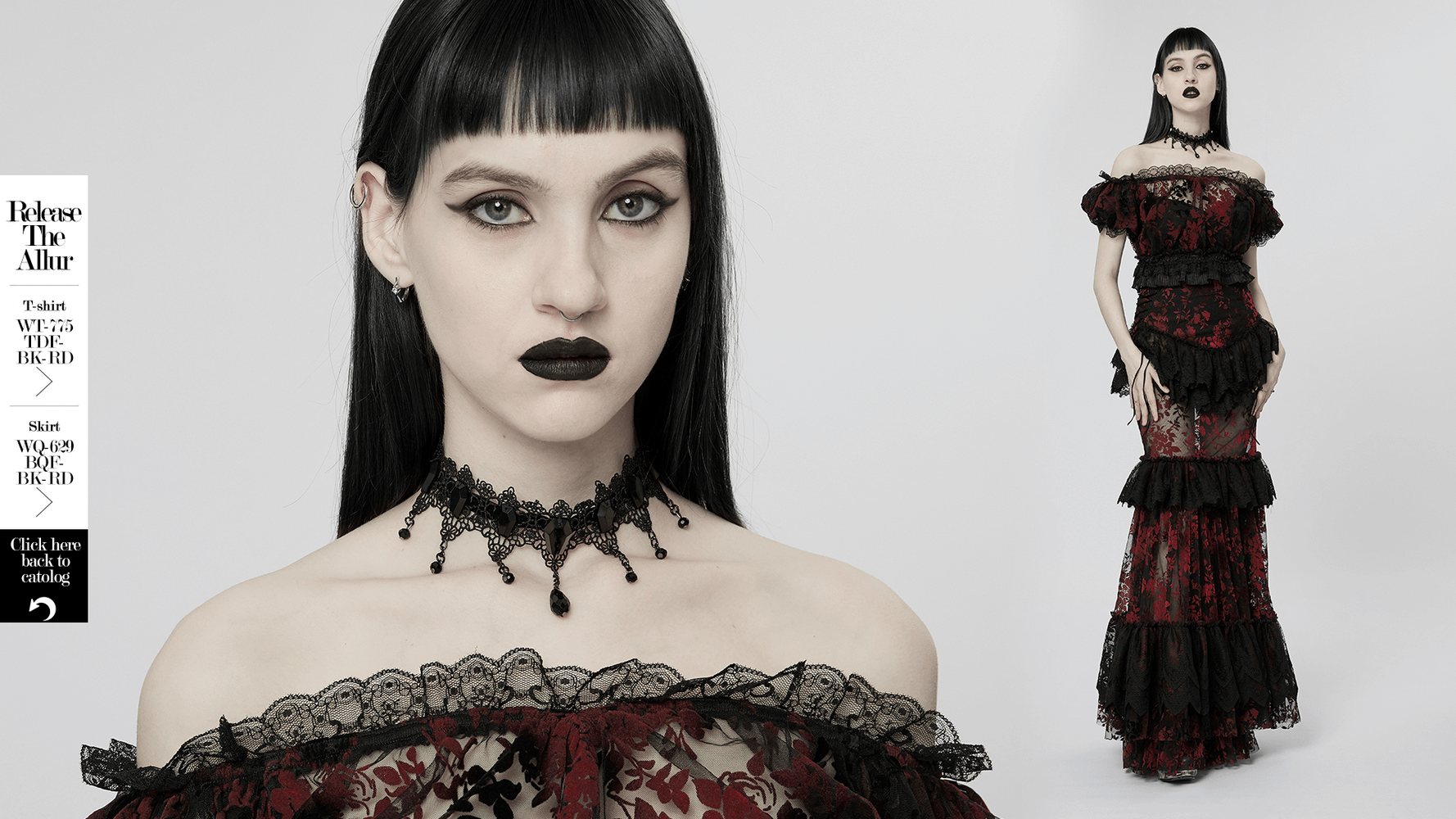 Victorian goth model wearing a stunning hollowed lace and beads choker with an elegant black and red dress.