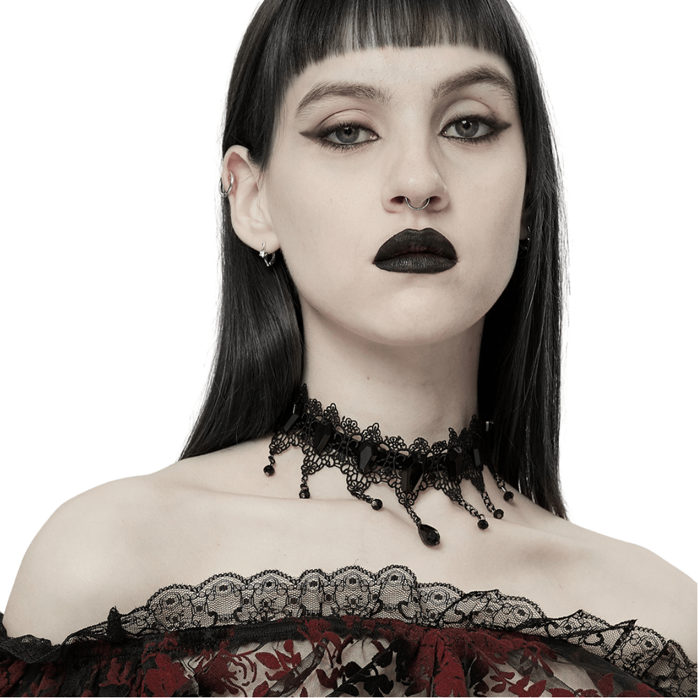 Victorian goth woman wearing a hollowed lace and beads choker, showcasing spooky chic elegance.