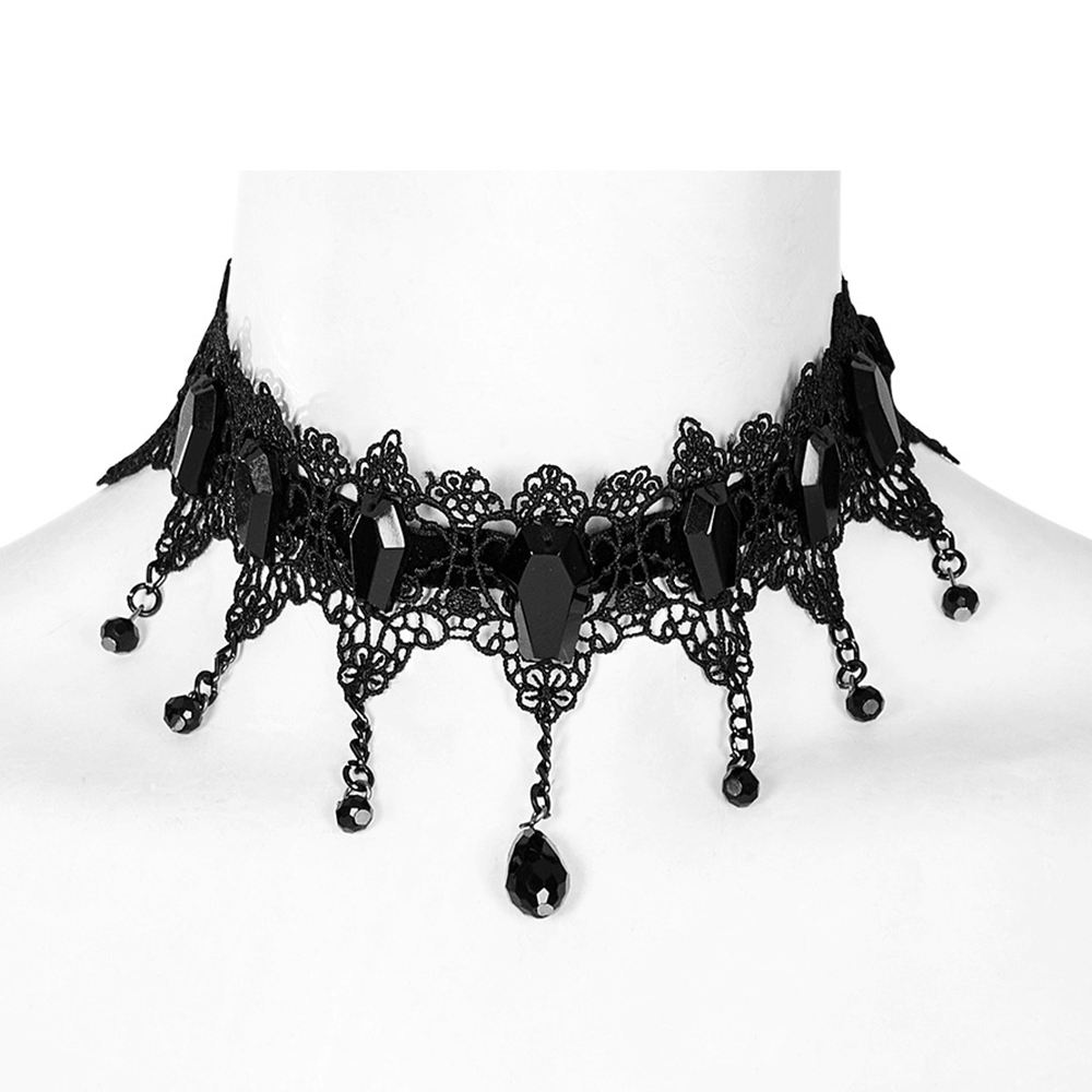 Victorian goth black lace choker with coffin beads and dangling chains, perfect for dark romantic styles.
