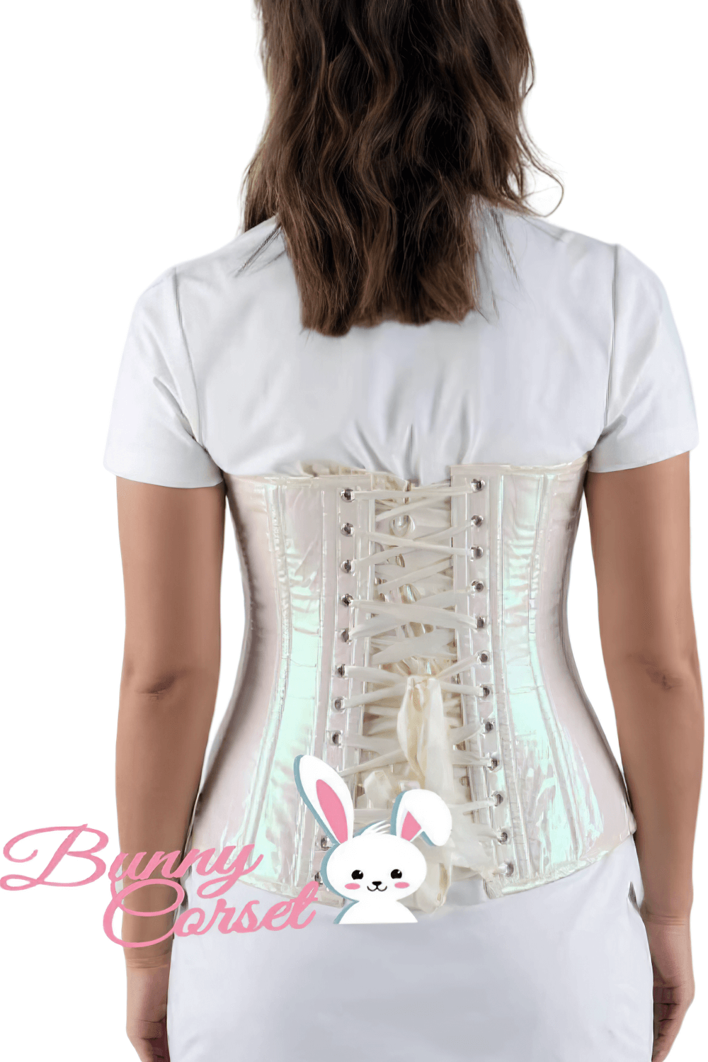 Elegant holographic satin corset with steel boning and intricate back lacing, perfect for a glamorous silhouette.