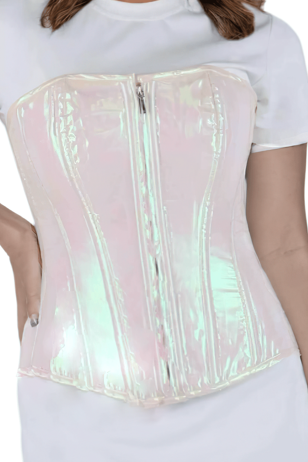 Holographic satin waist cincher corset with steel boning and front zipper, perfect for a stunning silhouette.