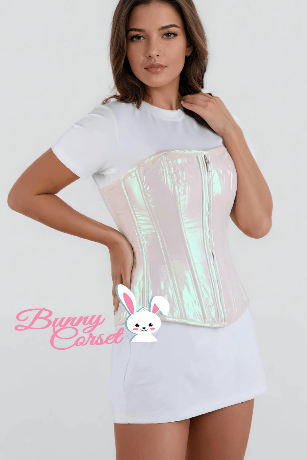 Model showcasing a holographic satin overbust corset with steel boning and front zipper, styled with a white dress.